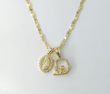 Gold plated anchor chain necklace with Virgin Mary double pendants and letter D charm.