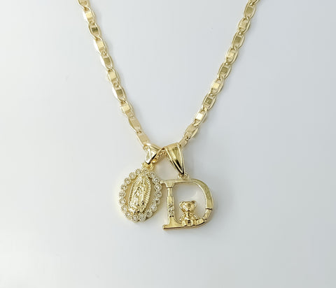 Gold plated anchor chain necklace with Virgin Mary double pendants and letter D charm.