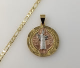 Gold plated Saint Benedict medal pendant on a 4mm figaro chain necklace.

Gold plated figaro chain necklace featuring a