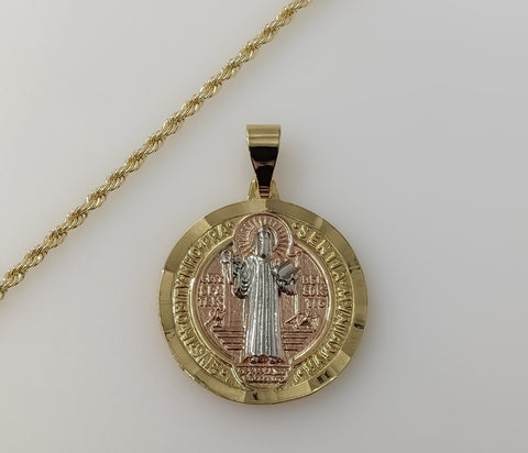 Gold plated tri-color Saint Benedict medal pendant on braided chain necklace
Gold plated tri-color Saint Benedict medal