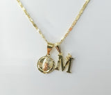 Gold plated, tri-color Virgin Mary pendants on a 2mm star chain necklace.