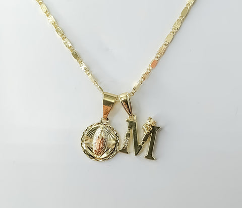 Gold plated, tri-color Virgin Mary pendants on a 2mm star chain necklace.