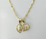 A gold plated chain necklace with Virgin Mary pendants and anchor charms.

A dainty chain necklace featuring Virgin Mary
