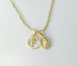 Letter "C" Dainty Our Lady of Guadalupe Double Pendant 14K Twist Chain Necklace