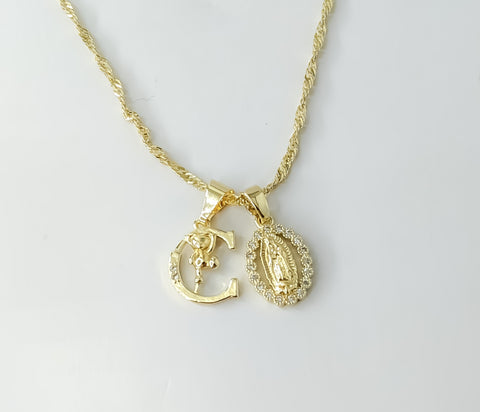 Letter "C" Dainty Our Lady of Guadalupe Double Pendant 14K Twist Chain Necklace