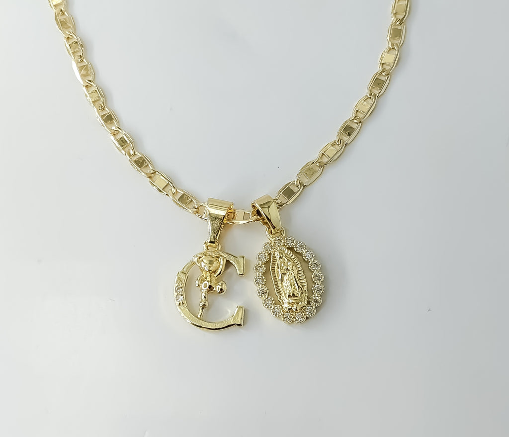 Letter "C" Dainty Virgin Mary Double Pendant 3mm Flat Mariner Chain Necklace