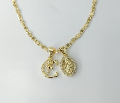 Letter "C" Dainty Virgin Mary Double Pendant 3mm Flat Mariner Chain Necklace