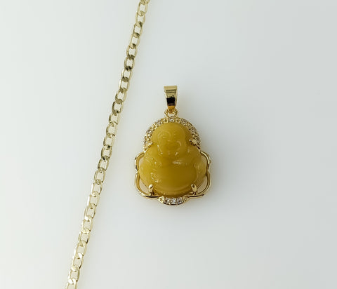 Gold plated 14K Buddha pendant on a 3mm Cuban chain necklace.

Gold plated Buddha pendant and chain Cuban link necklace.