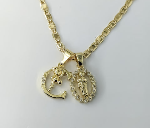 Plated Dainty Letter "C" Saint Jude Double Pendants 3mm Flat Mariner Anchor Chain Necklace