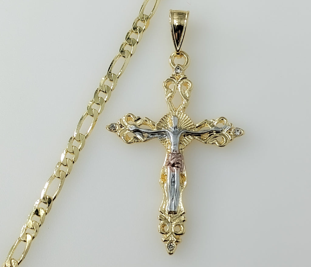 Plated Tri-Color Cross Crucifix 4mm Figaro Chain Necklace