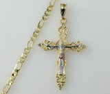 Plated Tri-Color Cross Crucifix 4mm Figaro Chain Necklace