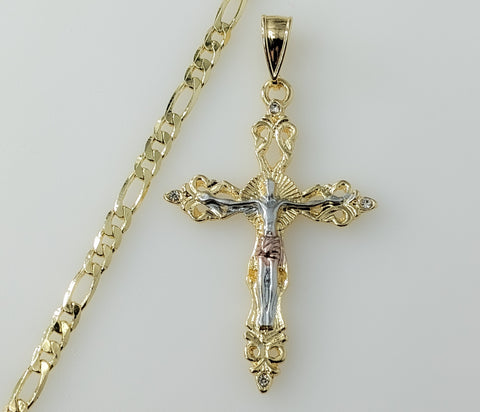 Plated Tri-Color Cross Crucifix 4mm Figaro Chain Necklace