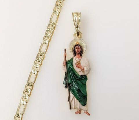 Vintage St Jude Catholic Pendant Small Green 14K Plated 4mm Diamond Cut Figaro