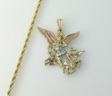 Gold-plated tri-color necklace with a large archangel pendant on a rope braided chain.