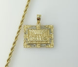 Gold plated rope and braided chain necklace with intricate design element.