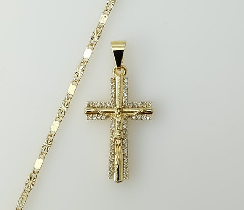 Gold plated solid chain with small cross pendant and star design necklace.

Gold plated chain featuring a small cross pe