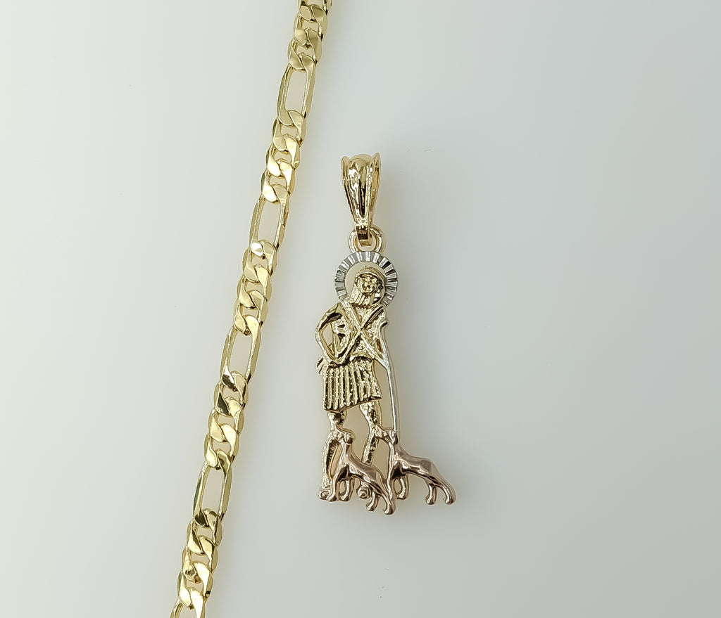 Gold plated figaro chain necklace in tri-color style with Saint Lazarus charm.