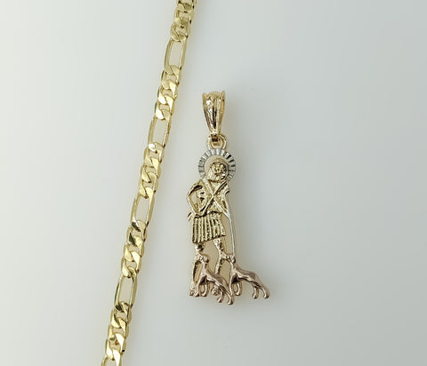 Gold plated figaro chain necklace in tri-color style with Saint Lazarus charm.