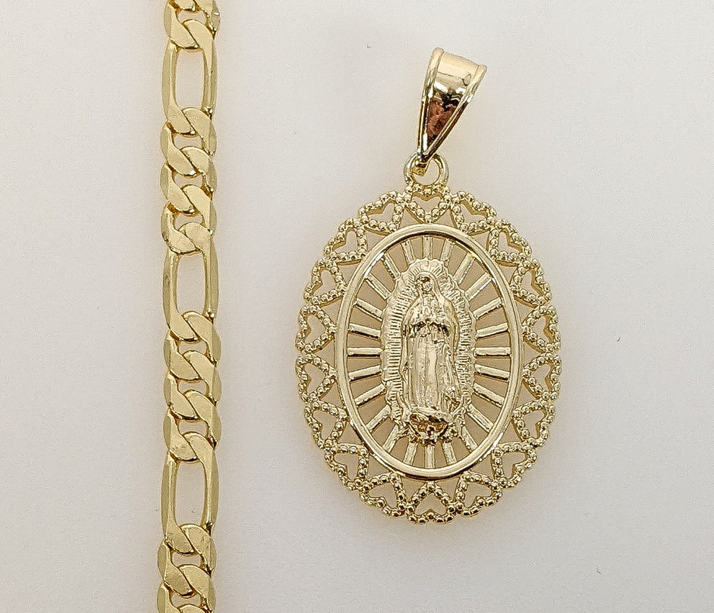 Virgin Mary Medal Plated 18K 4mm-5mm Figaro Chain Catholic Necklace