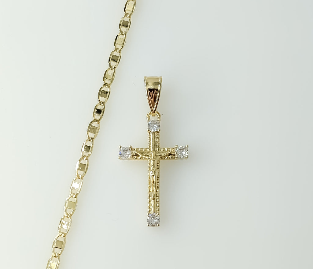 Gold plated small cross pendant on a flat mariner anchor chain necklace.

Gold plated anchor chain with a small cross pe