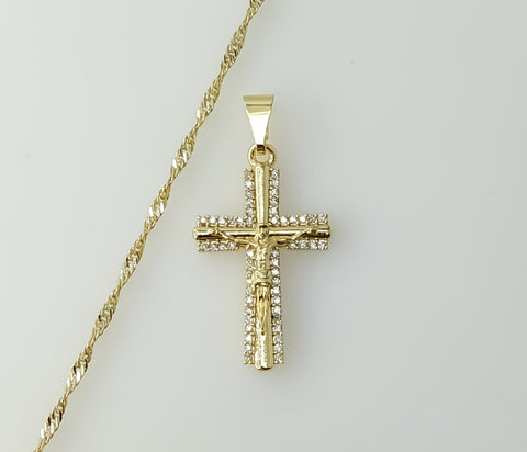 A gold plated 14K twist chain necklace with a small cross pendant.

A 14K gold plated chain necklace featuring a small c