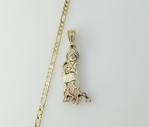 Gold plated figaro chain necklace in a tri-color Saint Lazarus style design.
Gold plated Saint Lazarus tri-color figaro