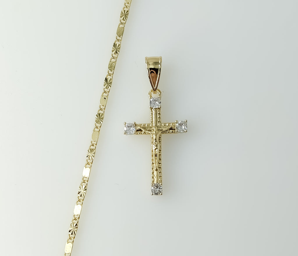Gold plated small star-shaped chain necklace with a cross charm.