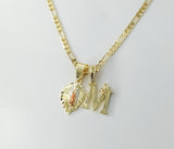 Gold plated dainty Virgin Mary pendants on 3mm figaro chain necklace.
Gold plated tri-color Virgin Mary double pendants