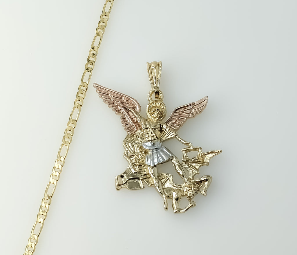 Gold plated figaro chain Saint Michael necklace with large archangel pendant
Gold plated tri-color figaro chain Saint M