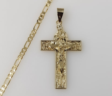Virgin Mary Jesus Christ Crucifix Cross Plated 3mm Figaro Chain Necklace