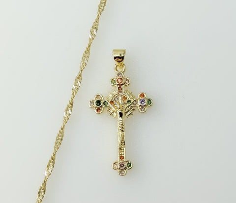 Gold plated Jesus crucifix pendant on a 14K gold twist chain necklace.