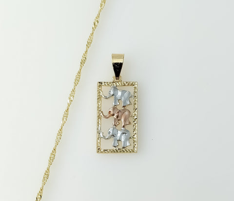 Tri-color gold plated elephant pendant on a 14K twisted chain necklace.