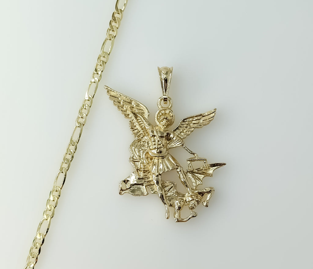 Plated Large Archangel Saint Michael 4mm Figaro Chain Necklace