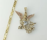 Plated Tri-Color Large Archangel Saint Michael 5mm Figaro Chain Necklace