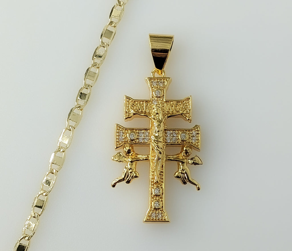 Plated Holy Cross of Caravaca 3mm Flat Mariner Anchor Chain Necklace