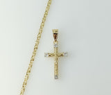 Gold plated small star design necklace with delicate chain chain detail.
Gold plated small cross pendant hanging from a
