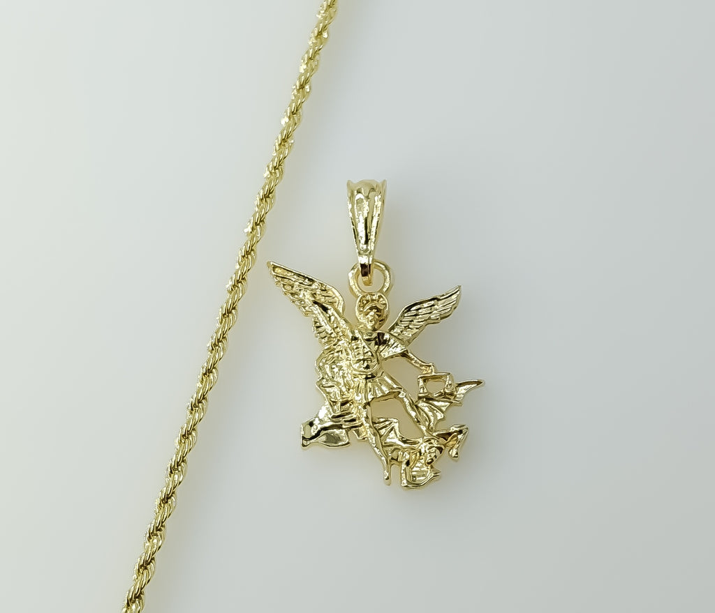 Gold plated Saint Michael pendant on a braided chain rope necklace.

Gold plated small Archangel Saint Michael pendant o