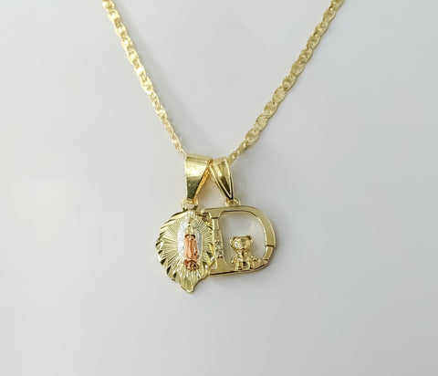 Gold plated tri-color Virgin Mary double pendants on a star chain necklace.
