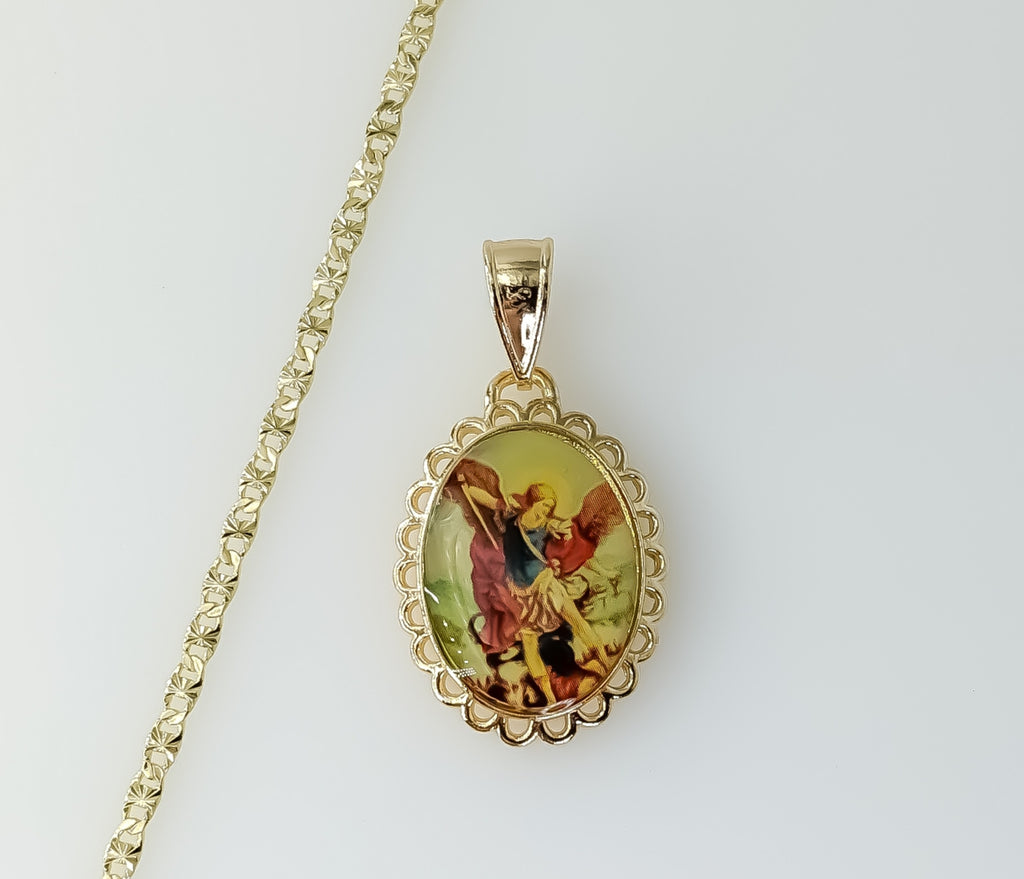 Gold plated Archangel Saint Michael star chain necklace with delicate chain links.
Gold plated Archangel Saint Michael s
