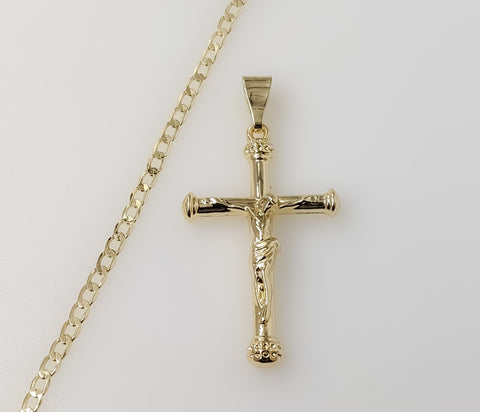Affordable Jesus Cross Crucifix 14K Plated 3mm Cuban Chain Necklace