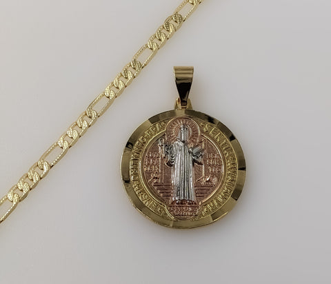 Gold plated Saint Benedict medal pendant on a 14K diamond cut figaro chain.

Gold plated tri-color Saint Benedict medal