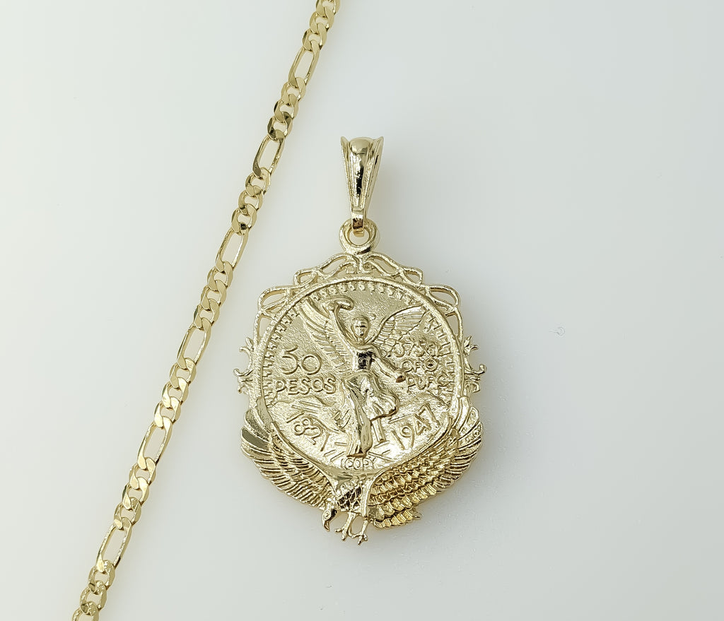 A gold-plated Mexican Centenario 3mm Figaro chain double-sided necklace.