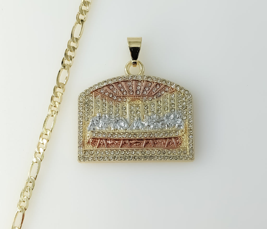 Plated Tri-Color Blinged The Last Supper 4mm Figaro Chain Necklace