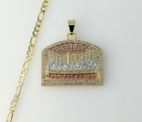 Plated Tri-Color Blinged The Last Supper 4mm Figaro Chain Necklace