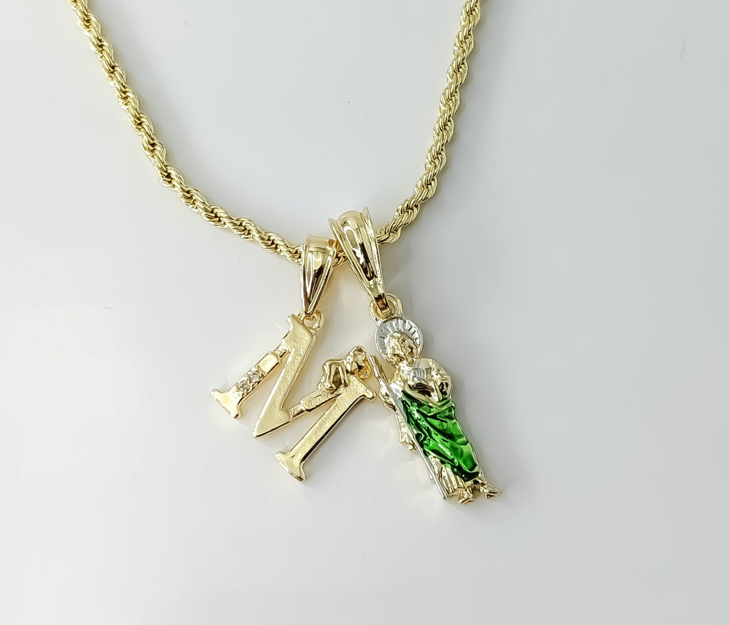 Gold plated double pendants necklace with braided chain and multicolor letter "M" pendant.

Gold plated Saint Jude doubl