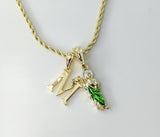 Gold plated double pendants necklace with braided chain and multicolor letter "M" pendant.

Gold plated Saint Jude doubl