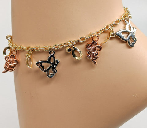 Plated Tri-Color Butterfly and Flower Anklet
