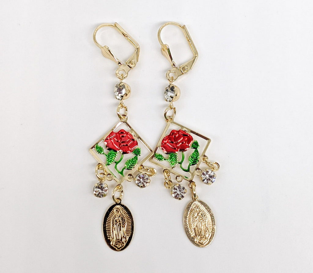 Plated Virgin Mary and Rose Earring