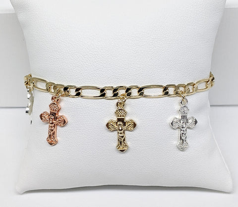 Plated Tri-Gold Cross Charm Bracelet