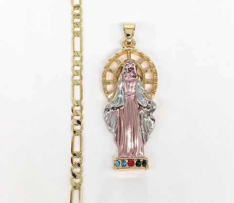 Plated Tri-Gold Virgin Mary Pendant and Figaro Chain Set